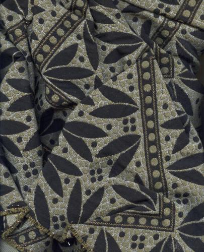 Tissu au mètre réf.  250278 Tissage jacquard en polyester et coton, motif feuilles vert, noir et fils métallisés or